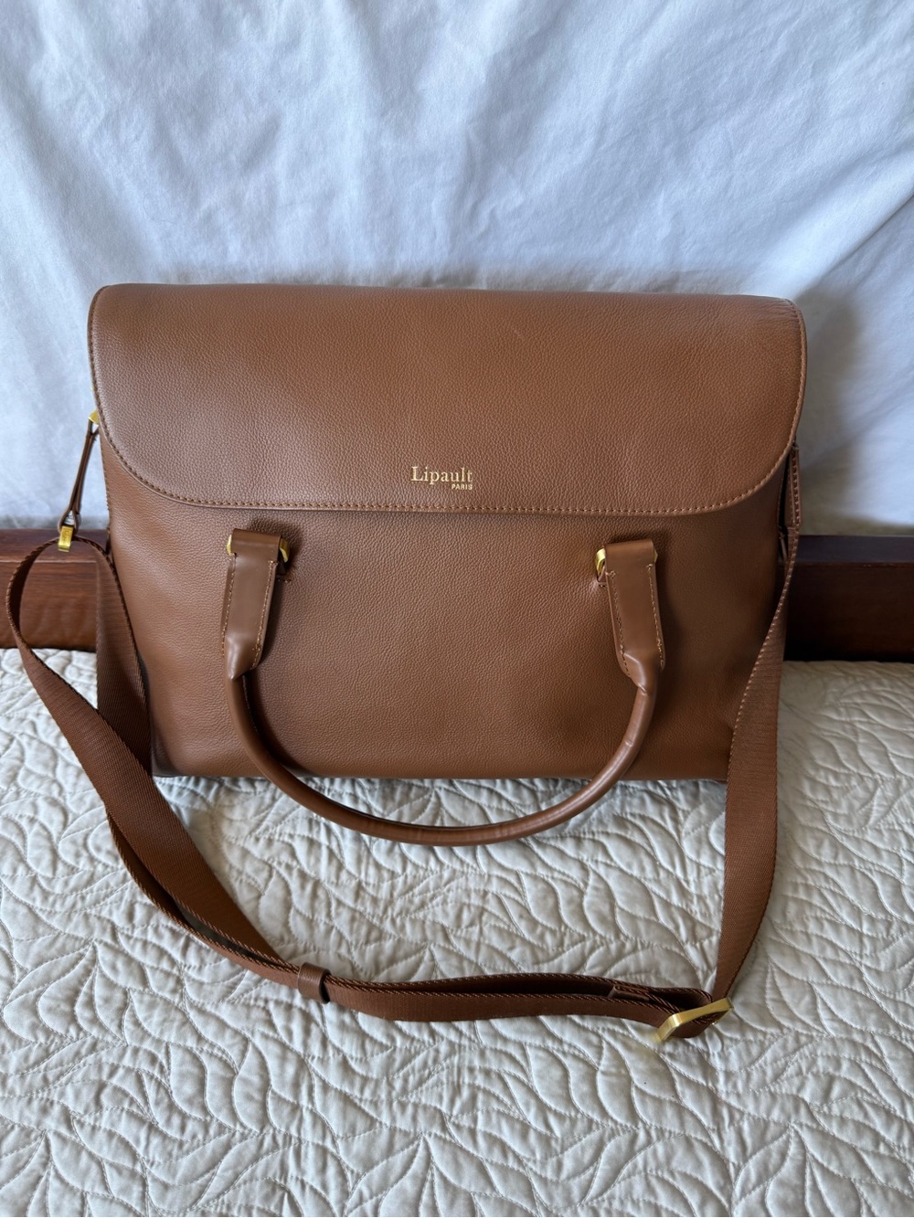 Lipault Plume Elegance Leather Commuter Laptop Bag Cognac Brown excellent